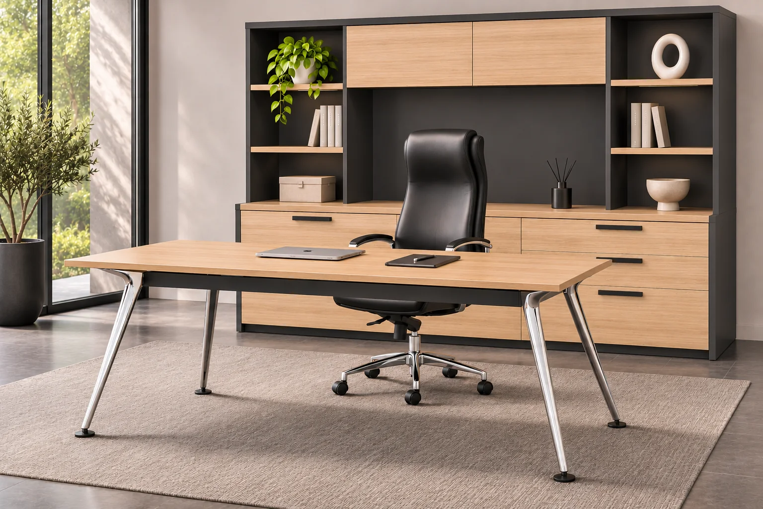 Oficina directiva con escritorio Infinity de patas cromadas, credenza y librero